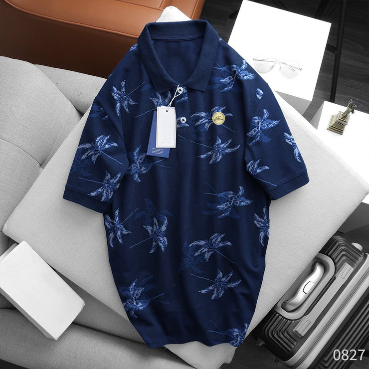 Men's Floral Polo Shirt Dark Blue - 0827