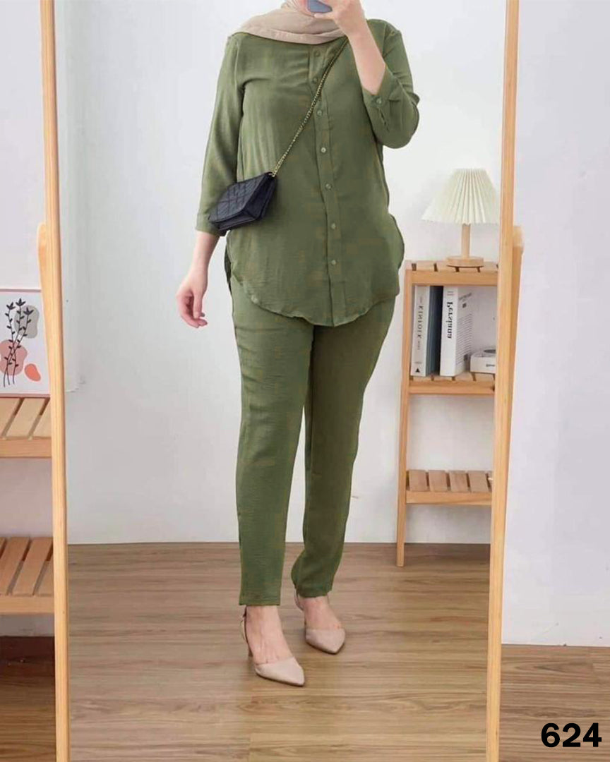 Turkish Sleeves Top Linen Set - Olive Green
