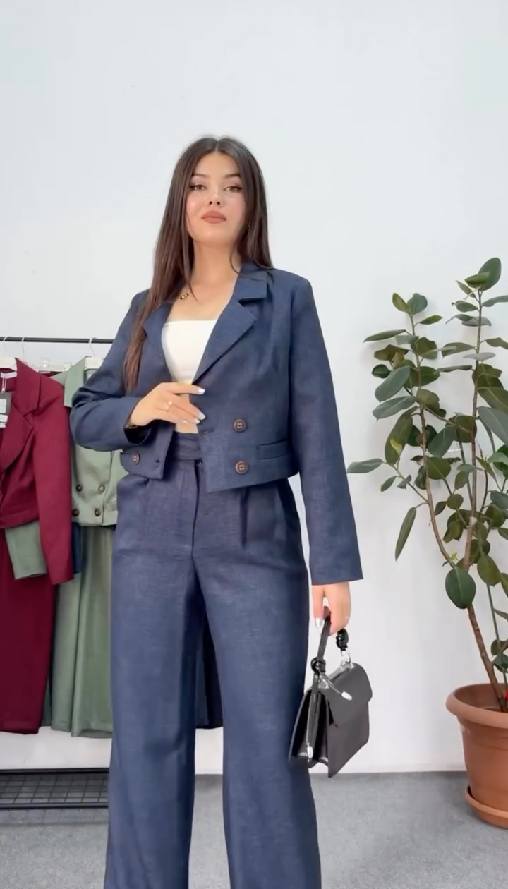Women’s French Cropped Blazer Set - Linen Fabric