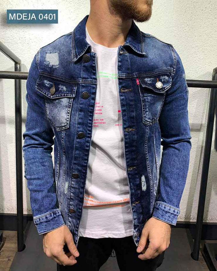 Denim Jacket Dark Blue Ripped