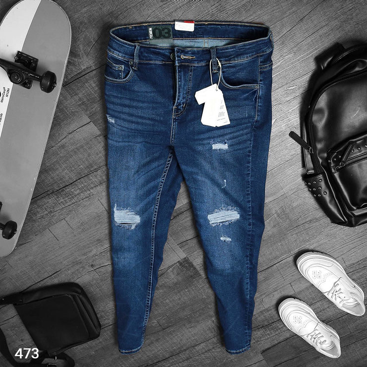 Jeans Ripped Tech Mid Blue Tech Ripped Jeans - 473 – Denim House GCC
